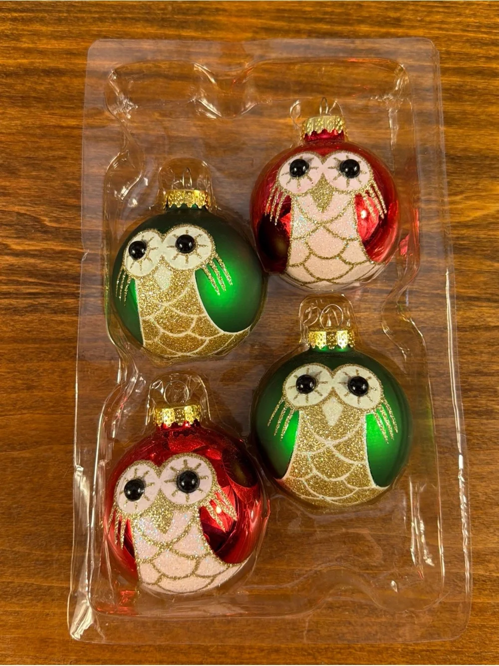 Holiday Time Red and Green Owl Glass Ornament Set